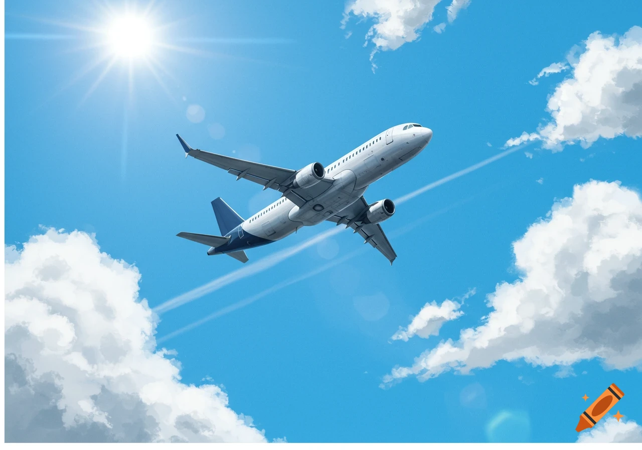 An aeroplane flying under a bright sun in a blue sky with clouds.