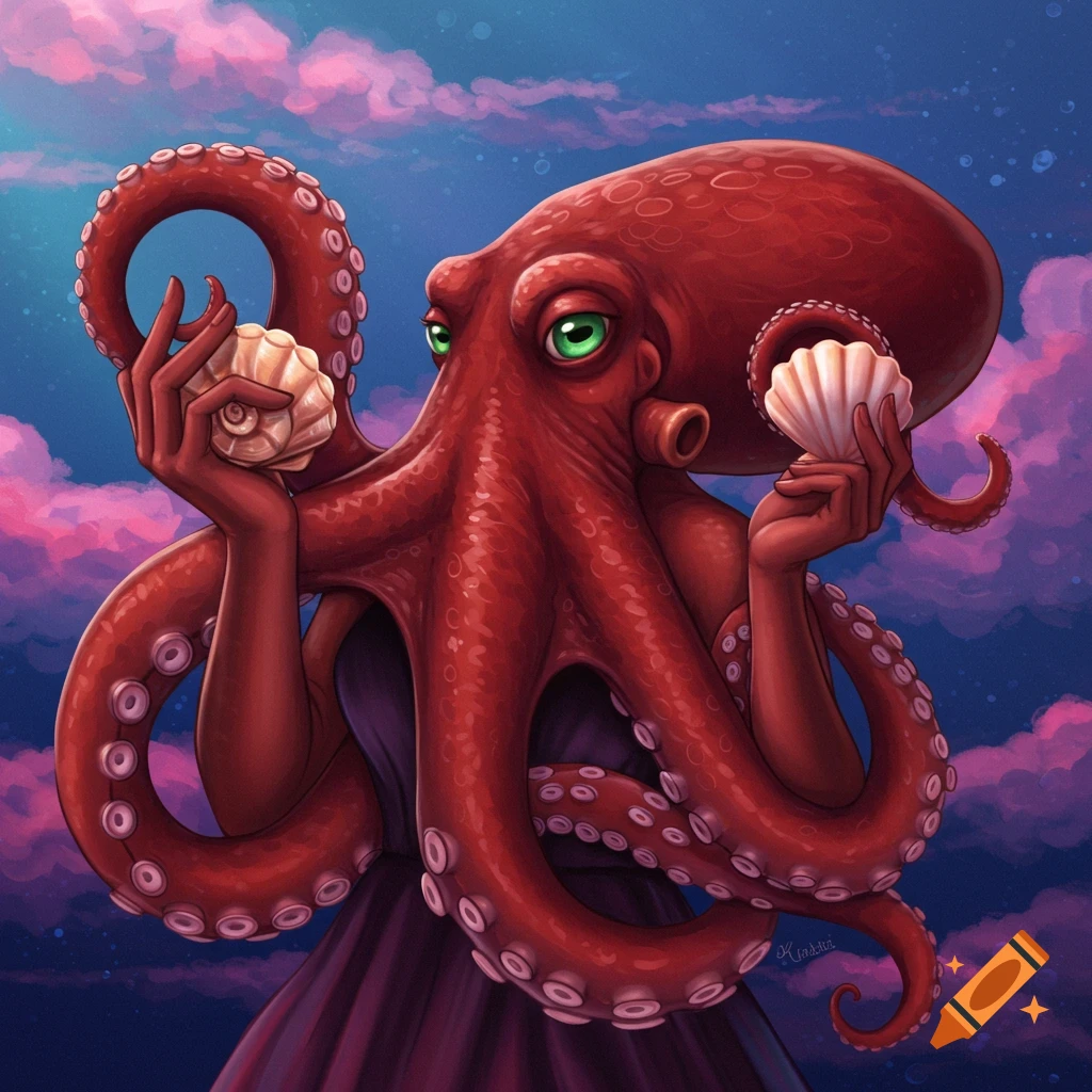 A red octopus wearing a purple dress holds seashells against a colorful sky. Digital art.