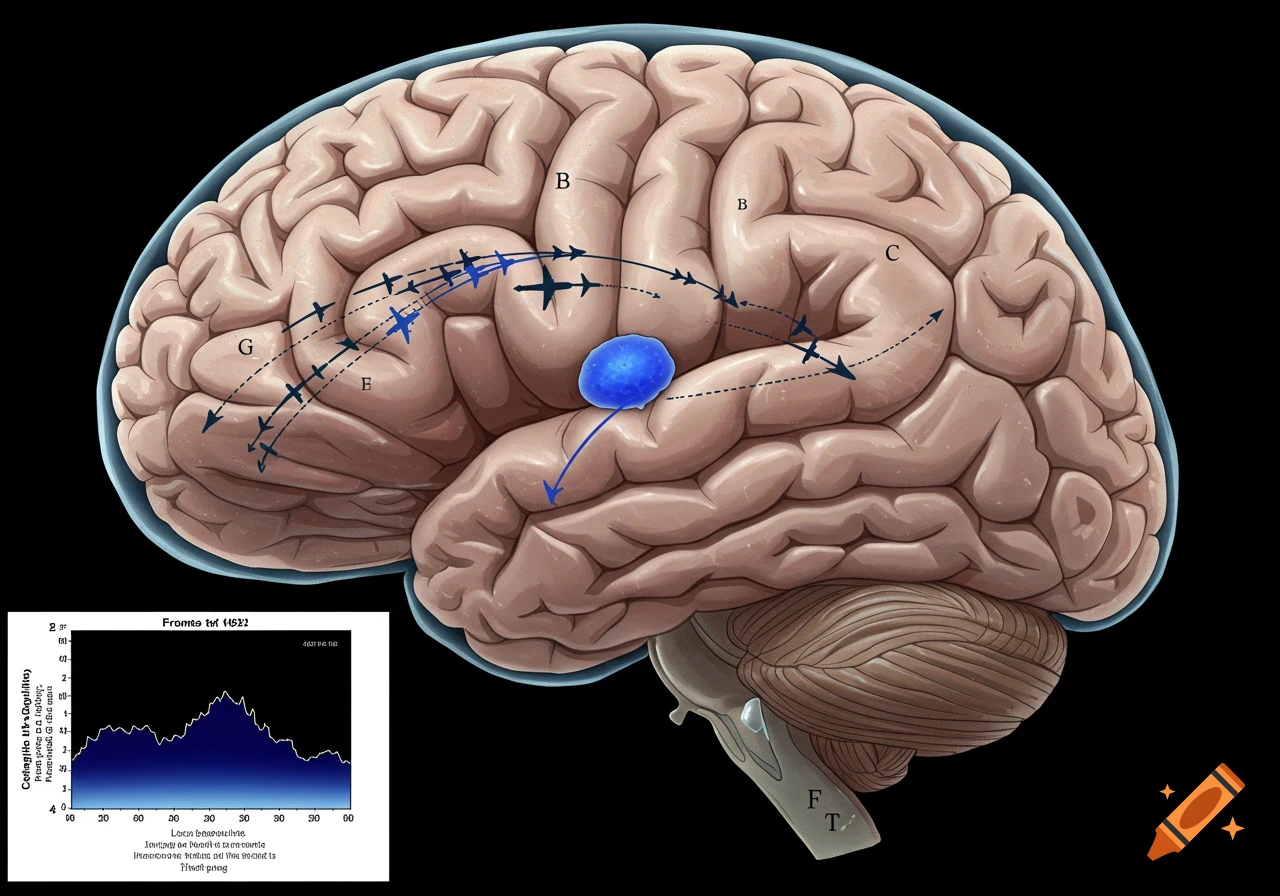 Diagram of a brain with planes representing routes and a graph