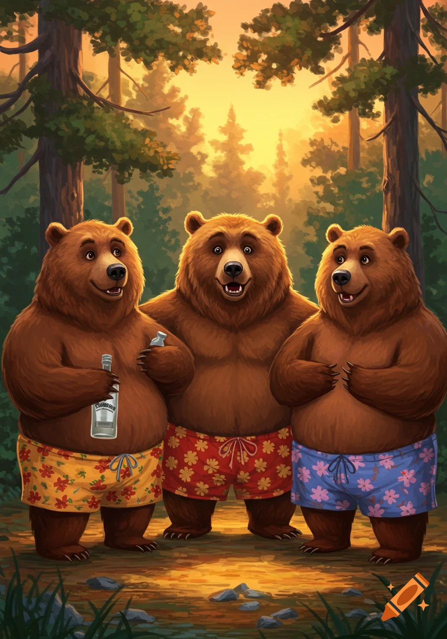 Three cartoon bears wearing colorful shorts stand in a forest clearing at sunset, one holding a bottle.