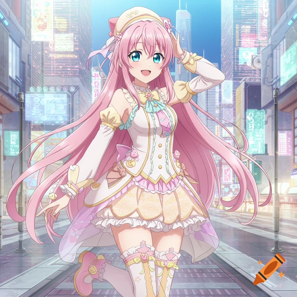 An anime girl with pink hair smiles in a bright city street.