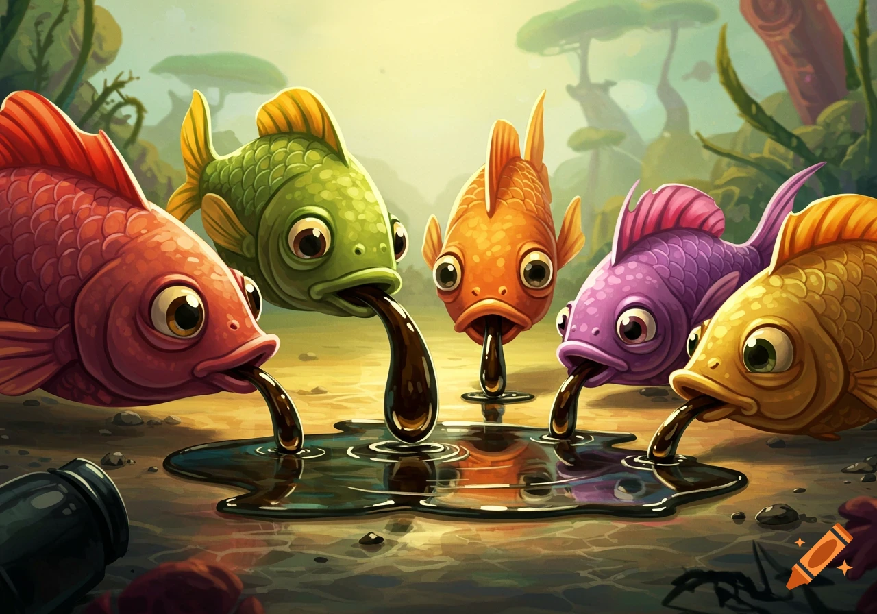 Colorful cartoon fish drink dark liquid from a puddle.