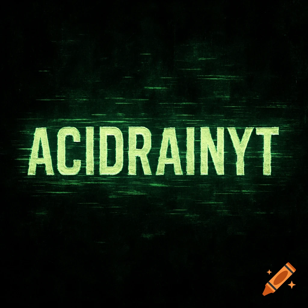 The text 'ACIDRAINYT' in green, stylized with a grunge or glitch effect against a dark background.