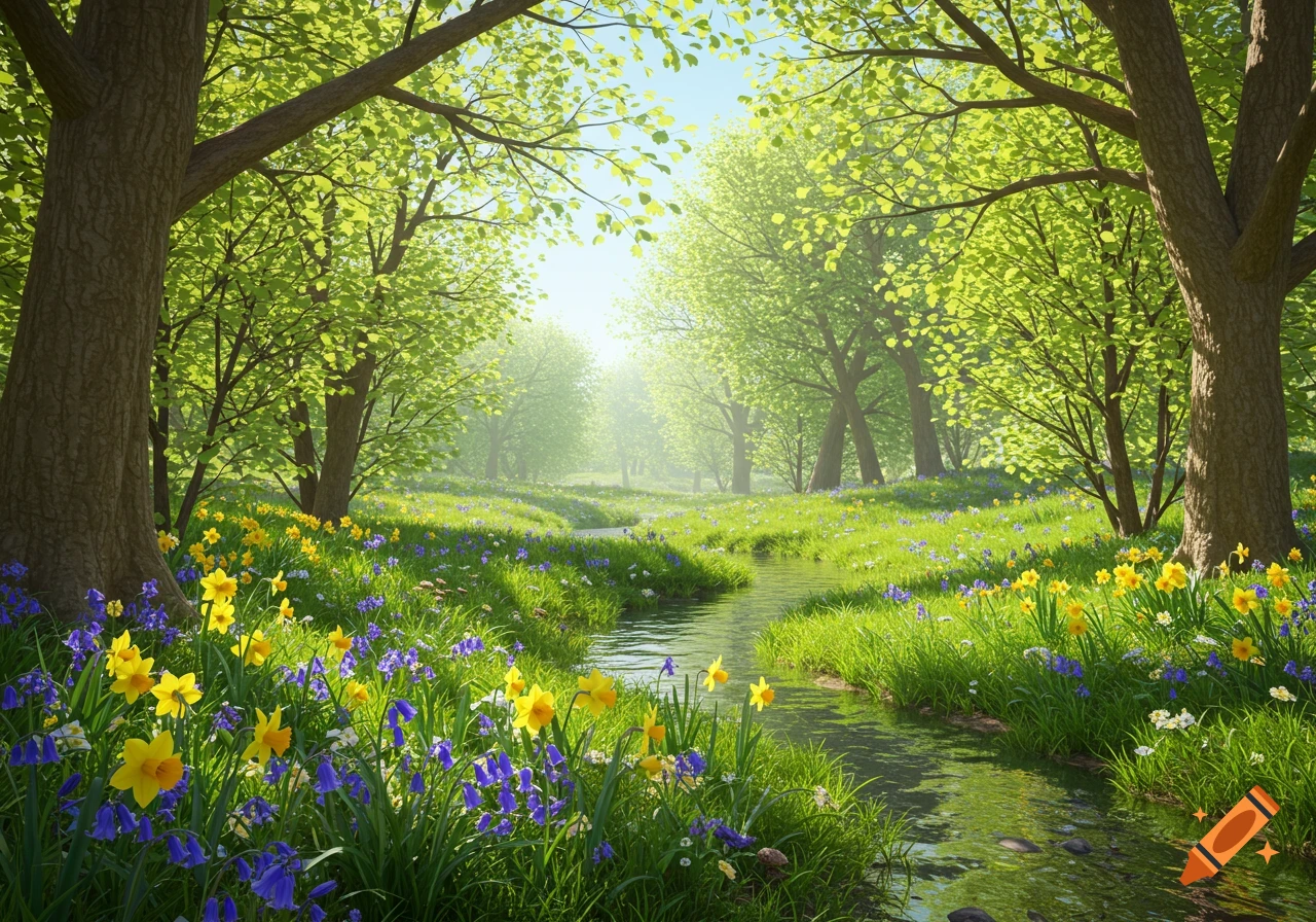 A vibrant spring landscape with a stream flowing through a forest clearing filled with yellow daffodils and bluebells under sunlight.