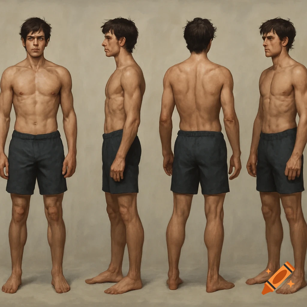 Character reference sheet showing four views of a muscular male figure in shorts.