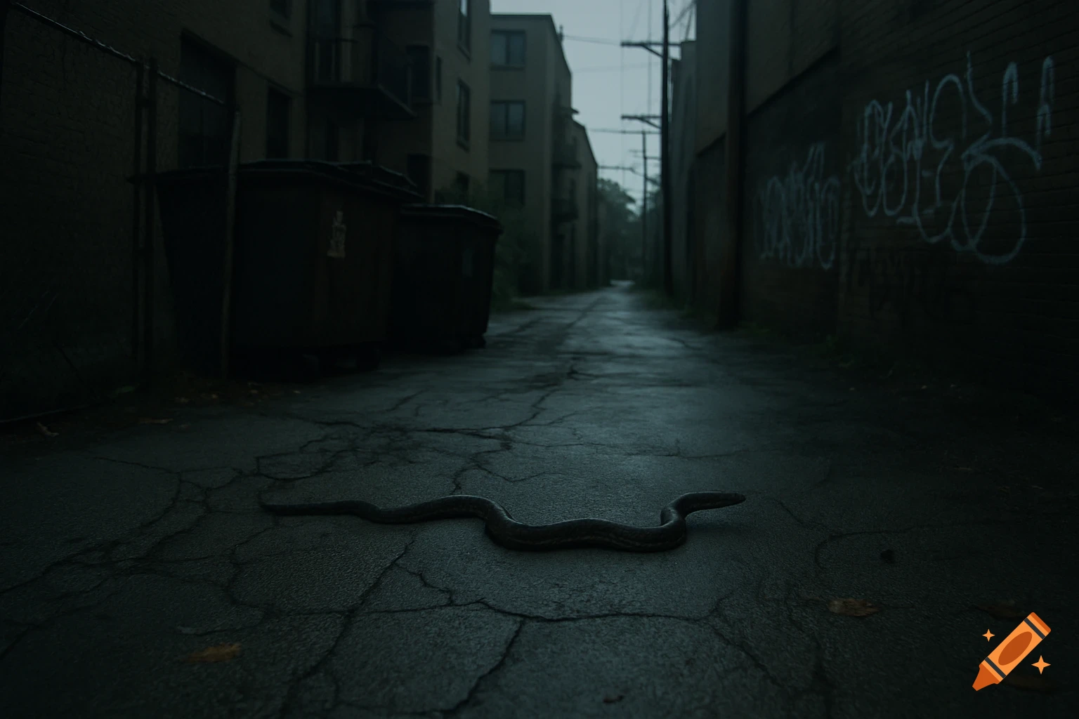 A snake slithers across a wet, cracked alleyway floor, dimly lit and moody.