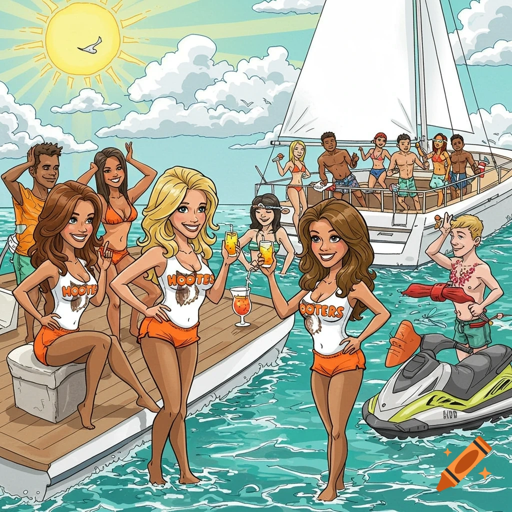 Cartoon illustration of a yacht party with people wearing Hooters outfits.