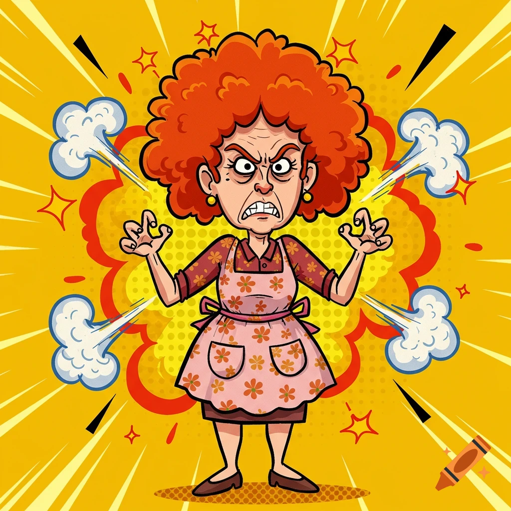 Cartoon illustration of an angry woman with red hair and steam coming from her ears.