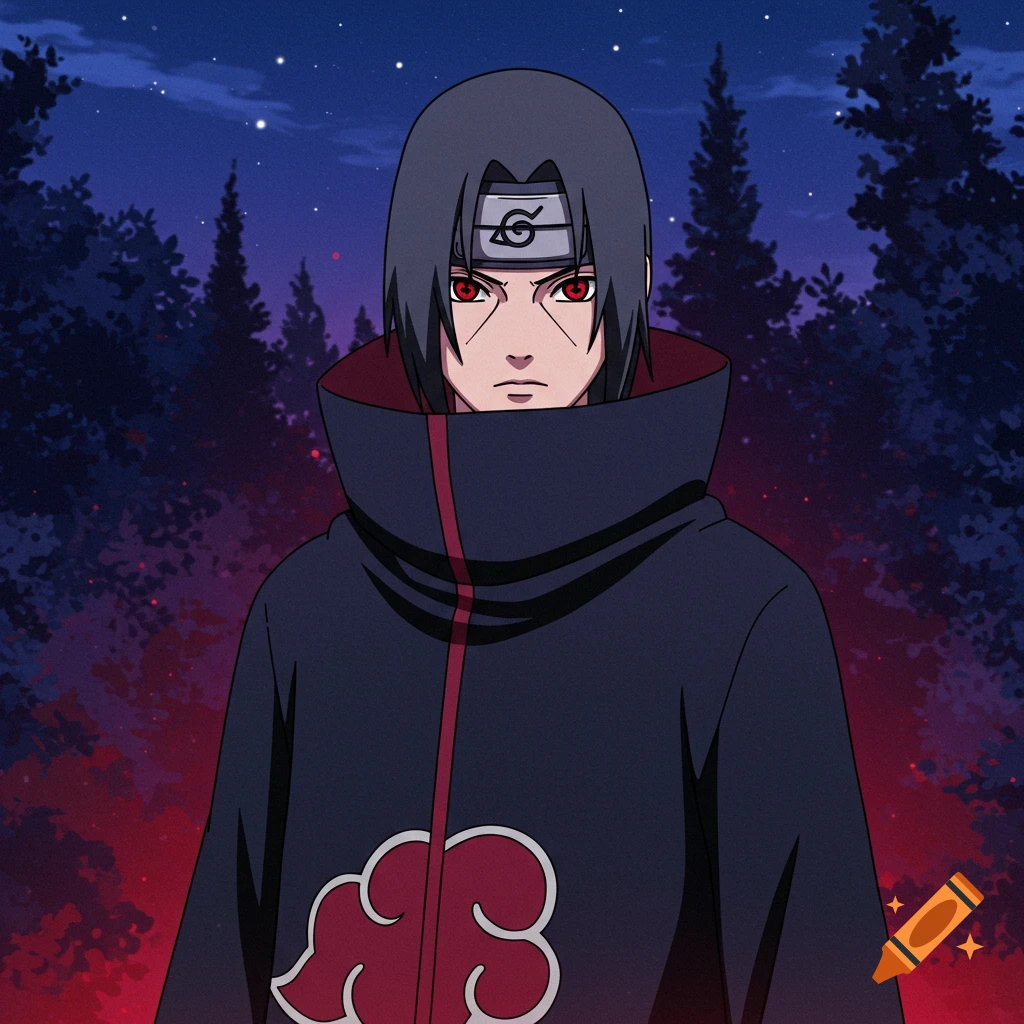 Itachi from Naruto in a 2D art style with sharingan eyes.