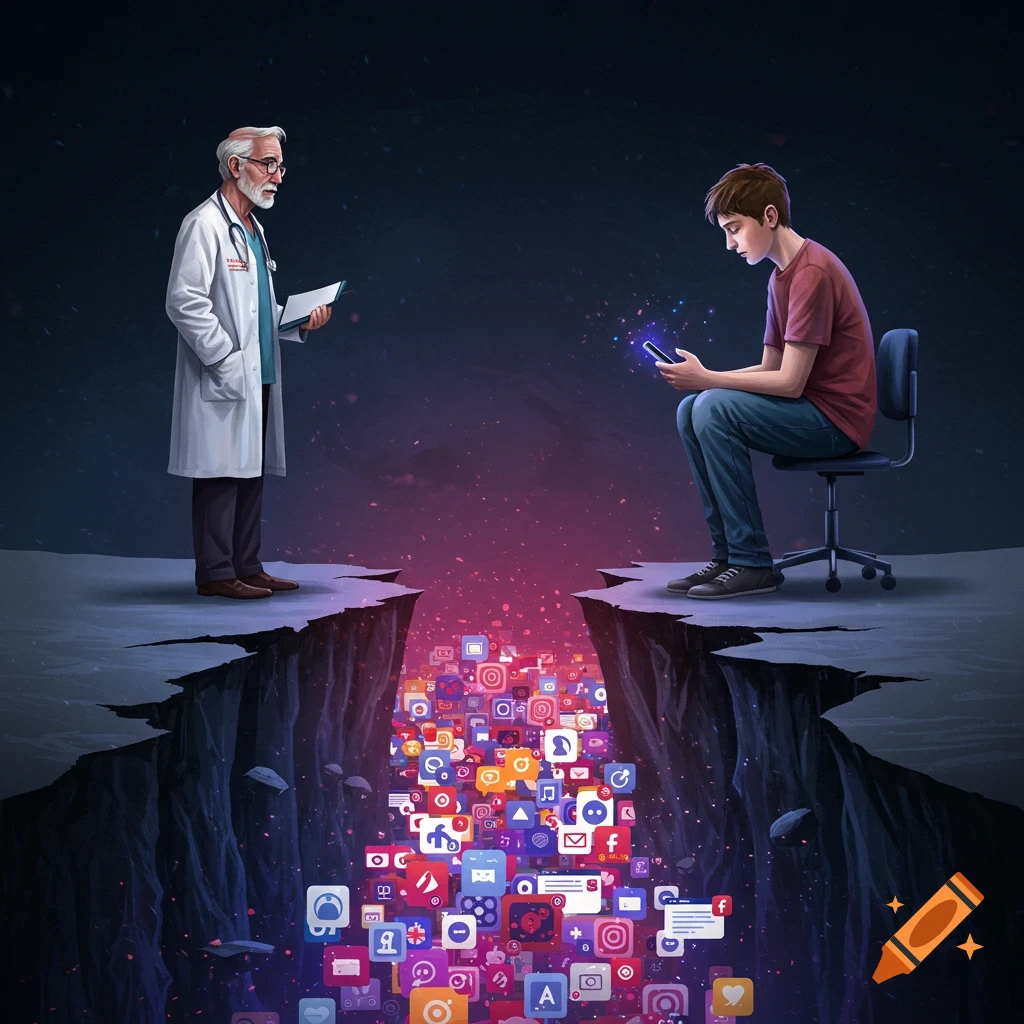 Illustration of a doctor and young person separated by a chasm filled with social media icons.