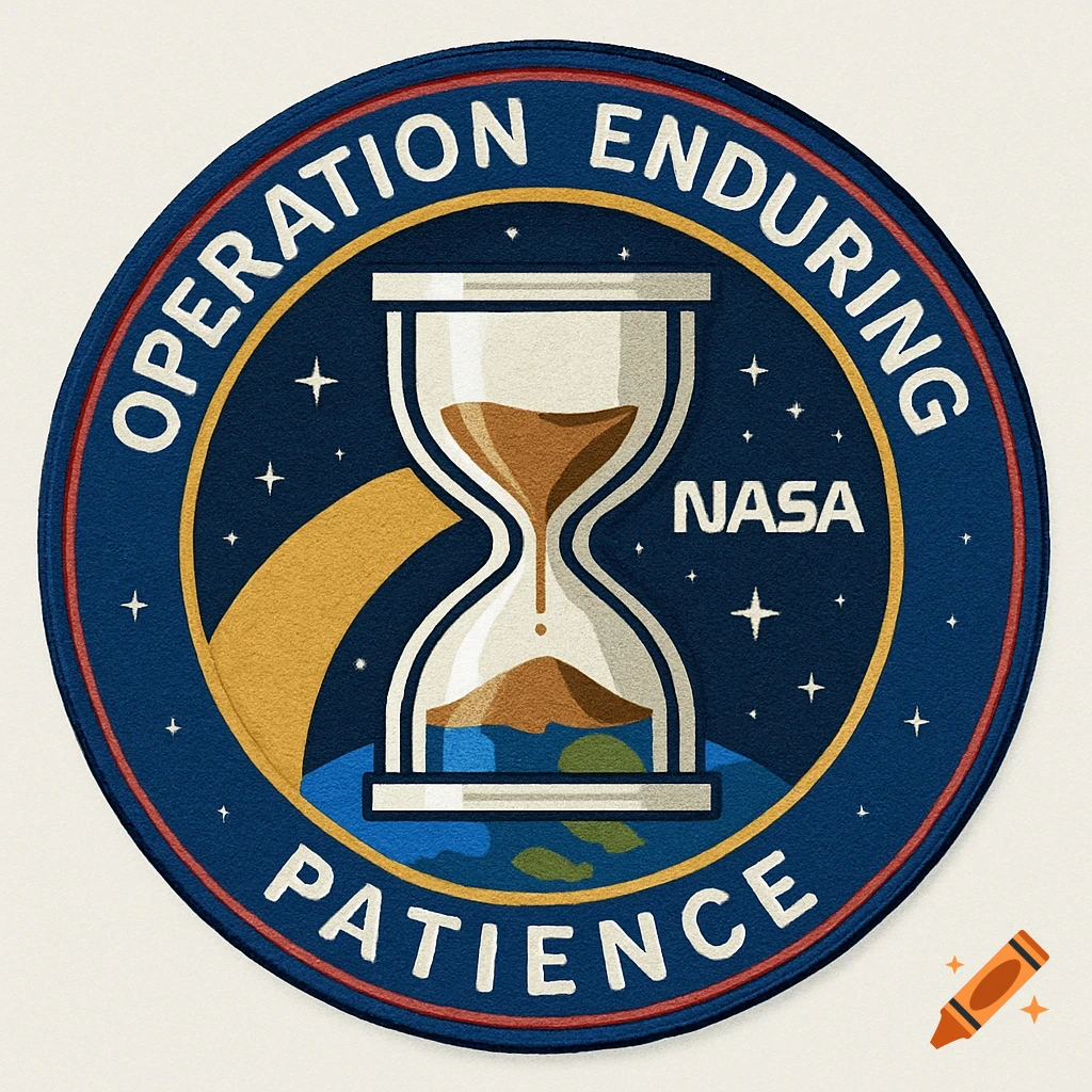 A circular patch design featuring an hourglass in space with the Earth below and text 'OPERATION ENDURING PATIENCE NASA'.