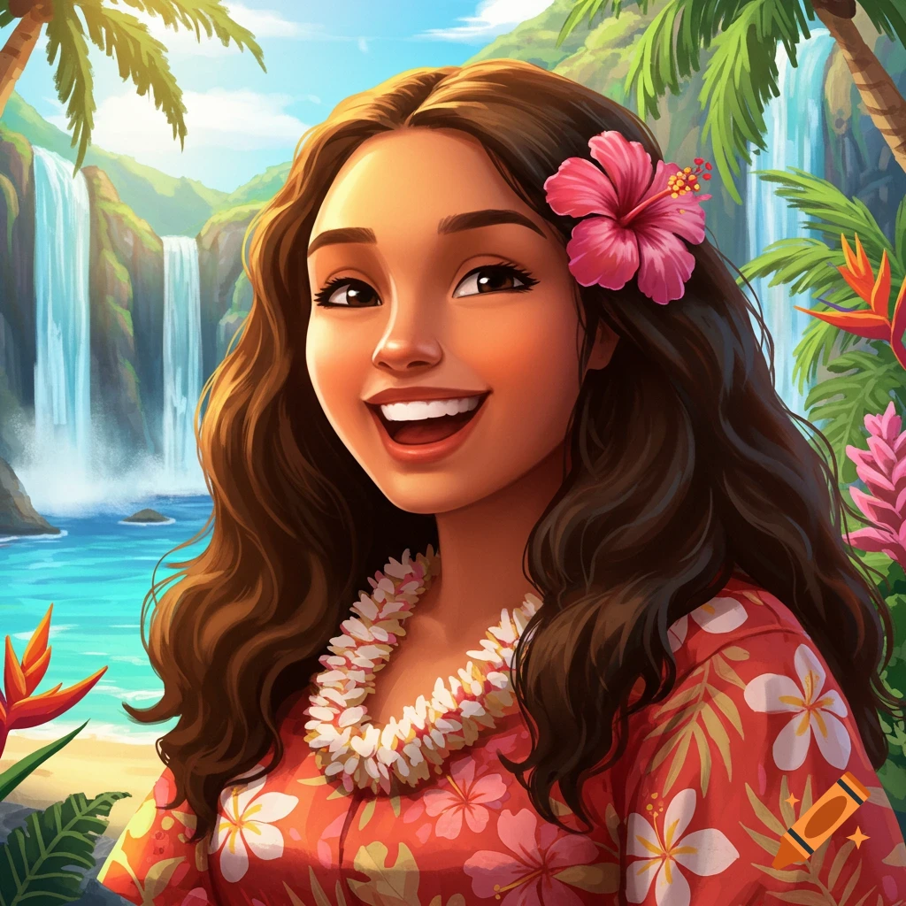 Smiling woman in tropical setting with waterfall, wearing a flower and lei, illustration.