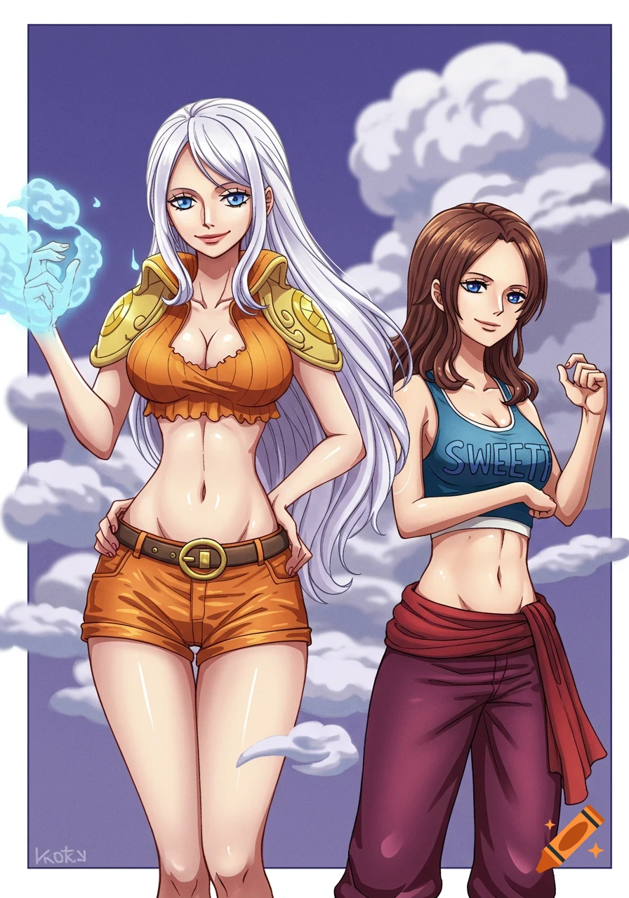 Anime illustration of two women standing against a cloudy sky, one with white hair and orange outfit, the other with brown hair and blue tank top.