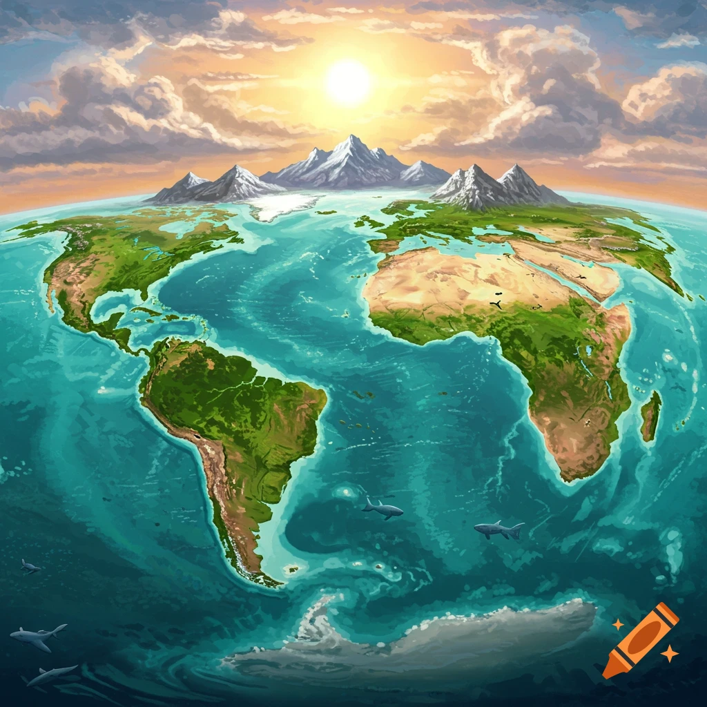 Stylized illustration of Earth with continents, mountains, oceans, clouds, and sun.