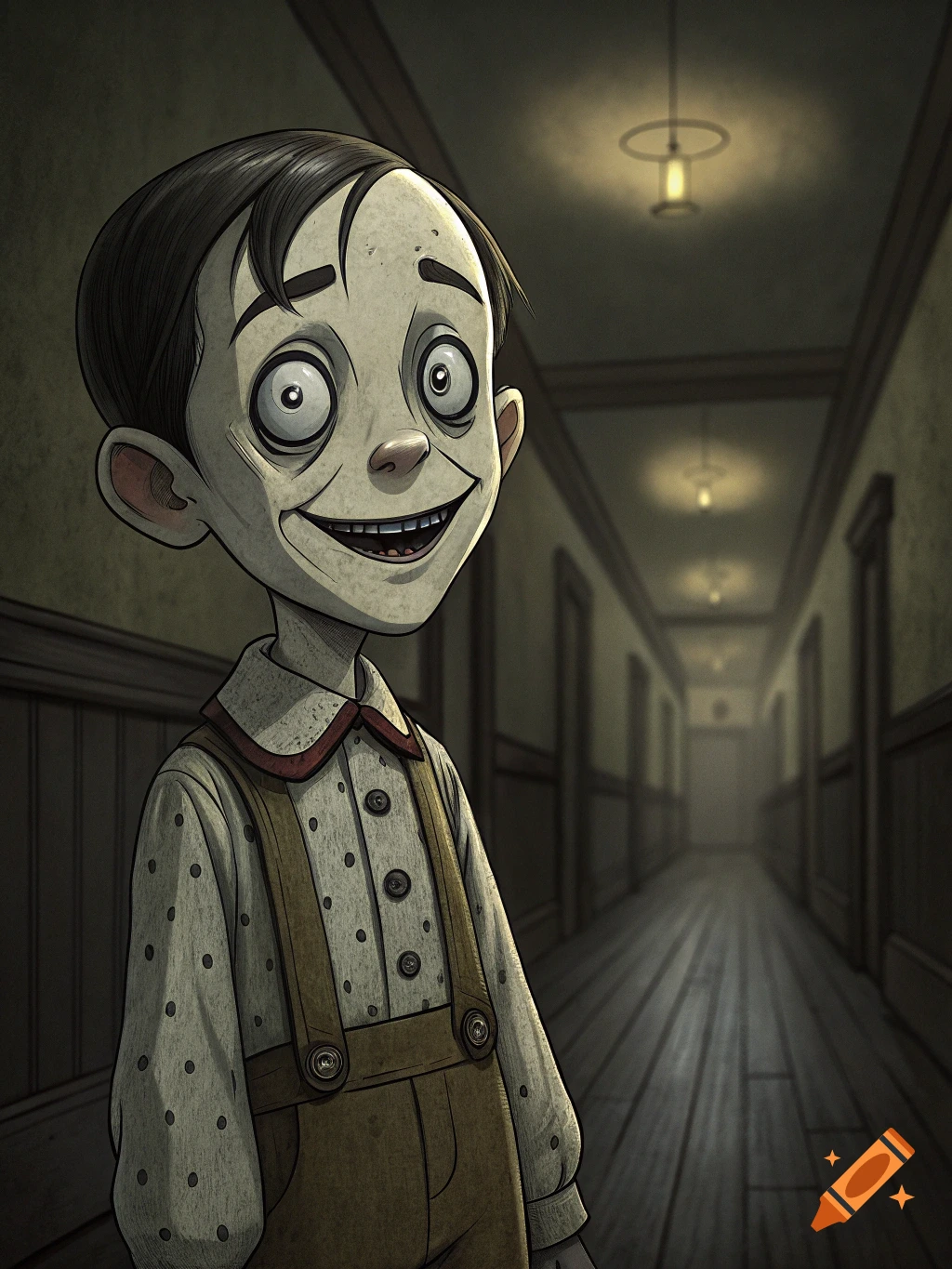 A creepy cartoon boy doll with large eyes and a wide grin stands in a dim hallway.