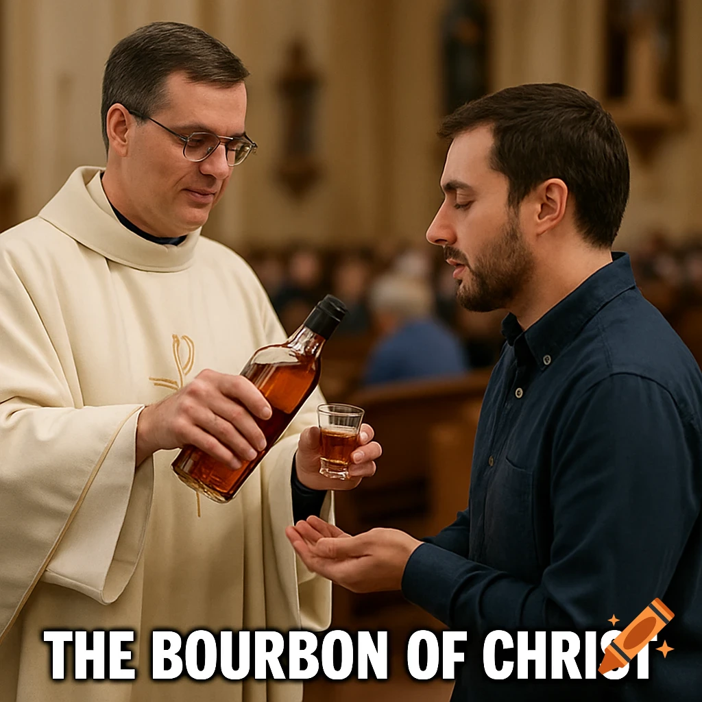 Priest figure pours from a bottle into a man's glass in a church. Text: "THE BOURBON OF CHRIST".