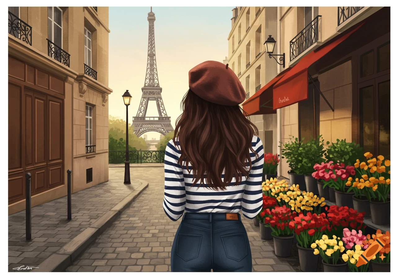 Illustration of a woman in a striped shirt and beret looking at the Eiffel Tower in Paris.