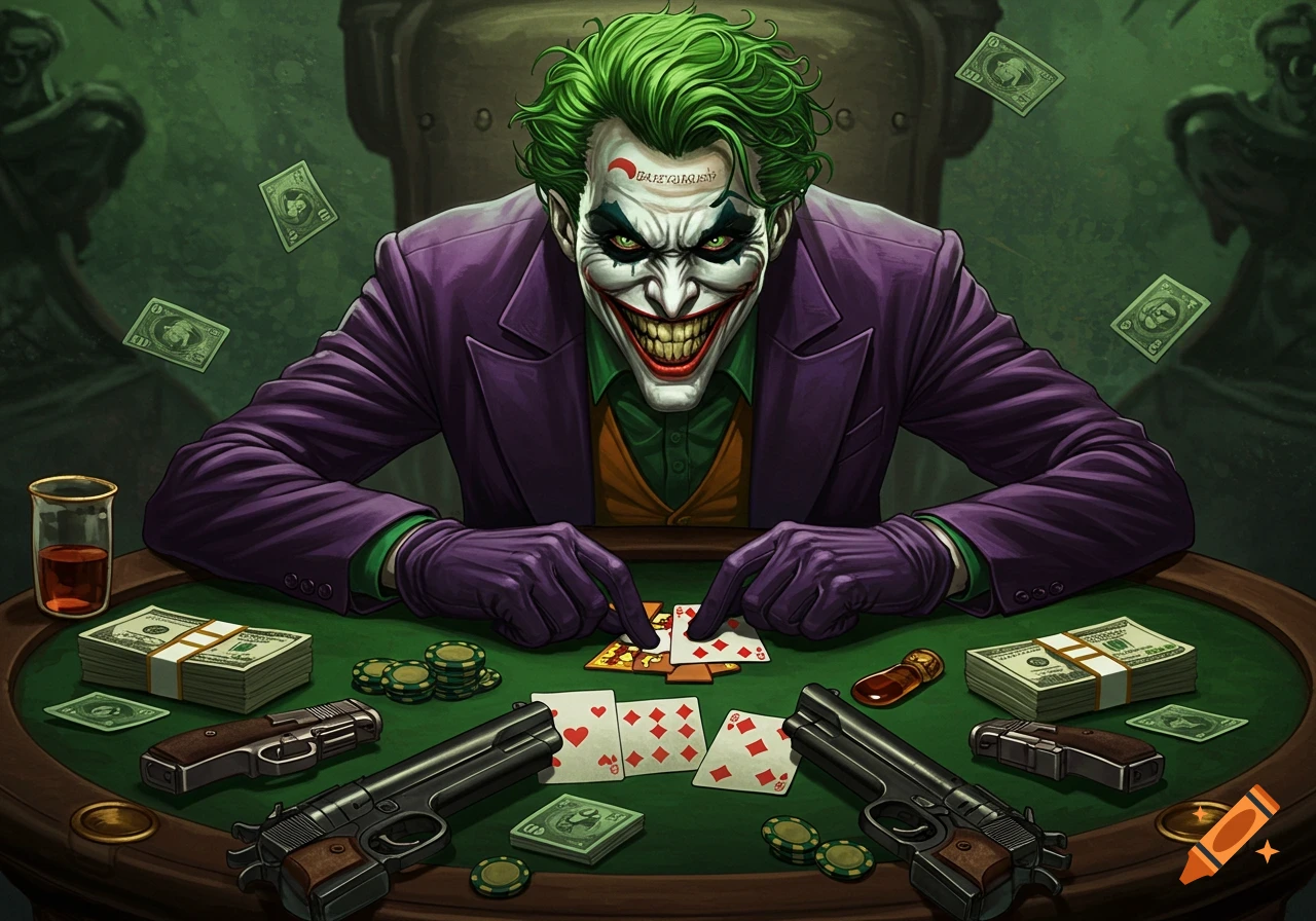 The Joker sits at a poker table with money and guns, dealing cards with a wicked grin in a comic book style.