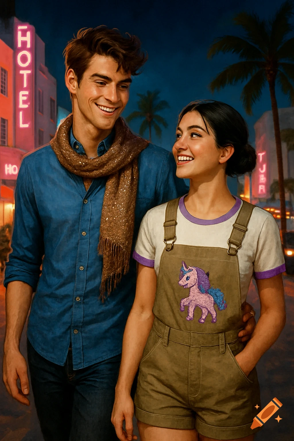 A smiling couple walks down a city street at night with neon signs and palm trees. The woman wears overalls with a unicorn.