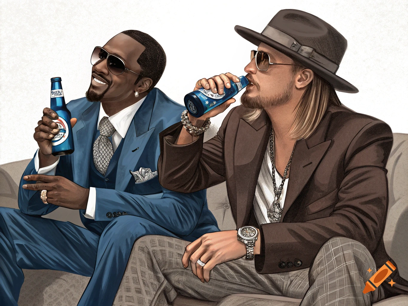 Illustration of P Diddy and Kid Rock sitting and drinking bottled beverages.