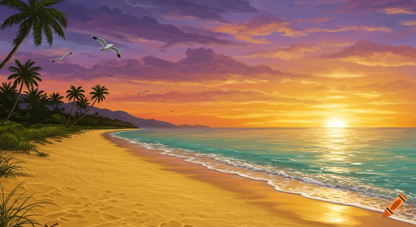 Tropical beach sunset with palm trees, ocean, and seagulls.