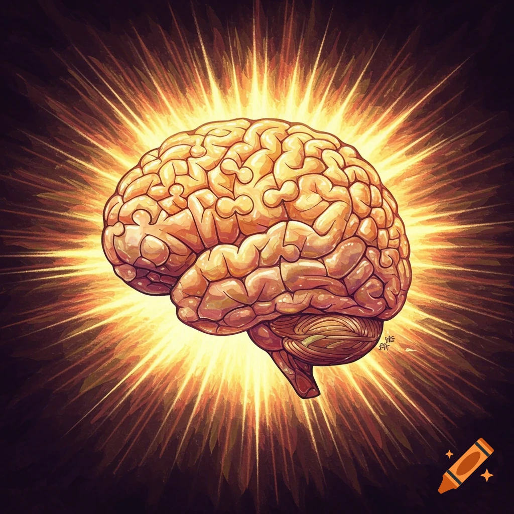 An illustration of a human brain surrounded by bright, radiating light.