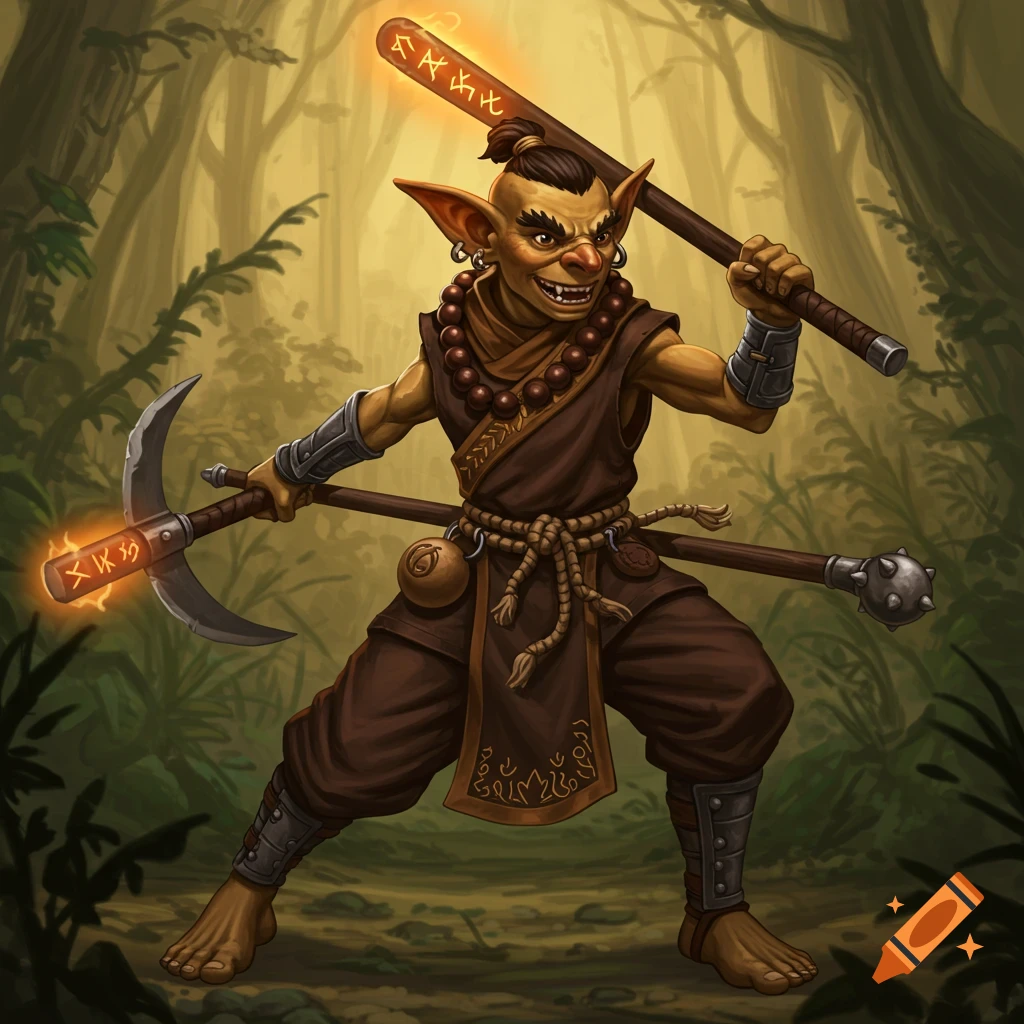 A goblin monk stands ready with a tonfa and a pickaxe-like weapon in a forest.