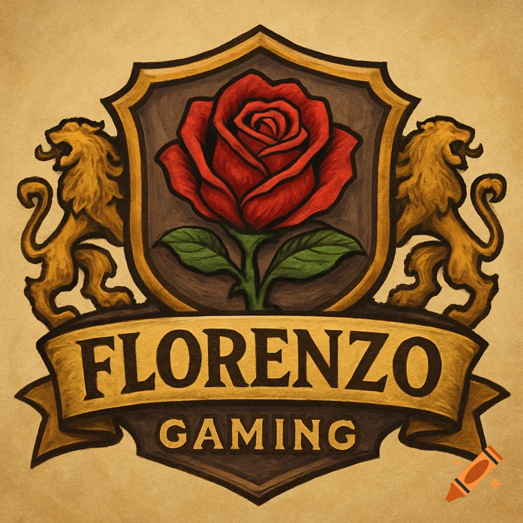 Logo with a shield, red rose, gold lions, and 'Florenzo Gaming' text on a banner, painted style.