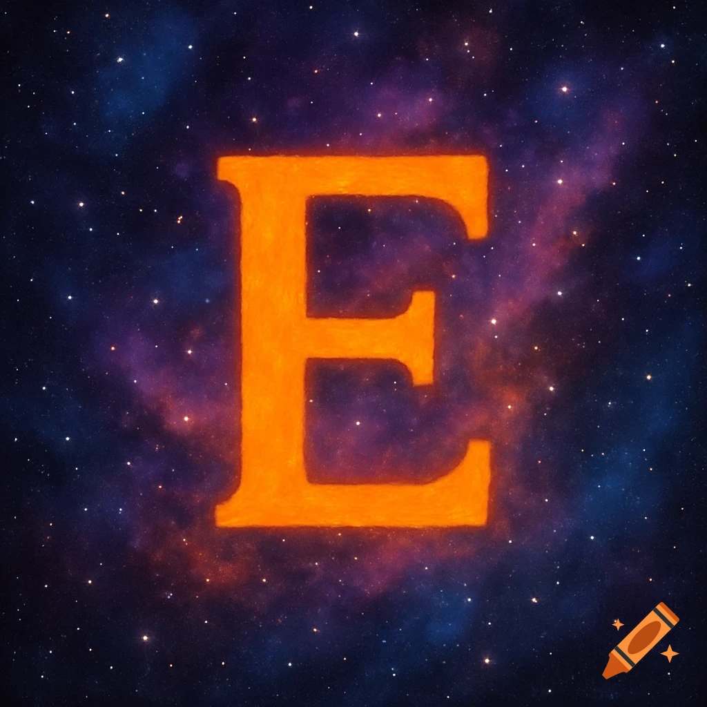 An orange letter E against a galaxy background with stars.