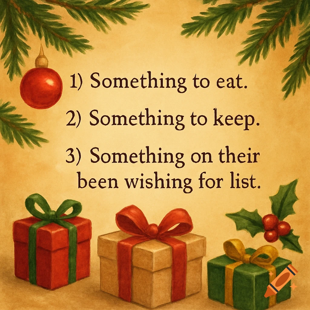 Christmas background with gifts, holly, and text list of gift guidelines: 1) Something to eat. 2) Something to keep. 3) Something on their been wishing for list.