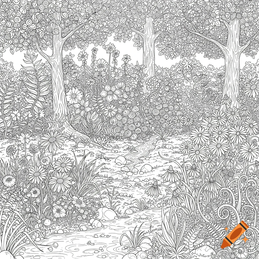 Black and white line drawing of a forest landscape for coloring, with trees, flowers, and a stream.