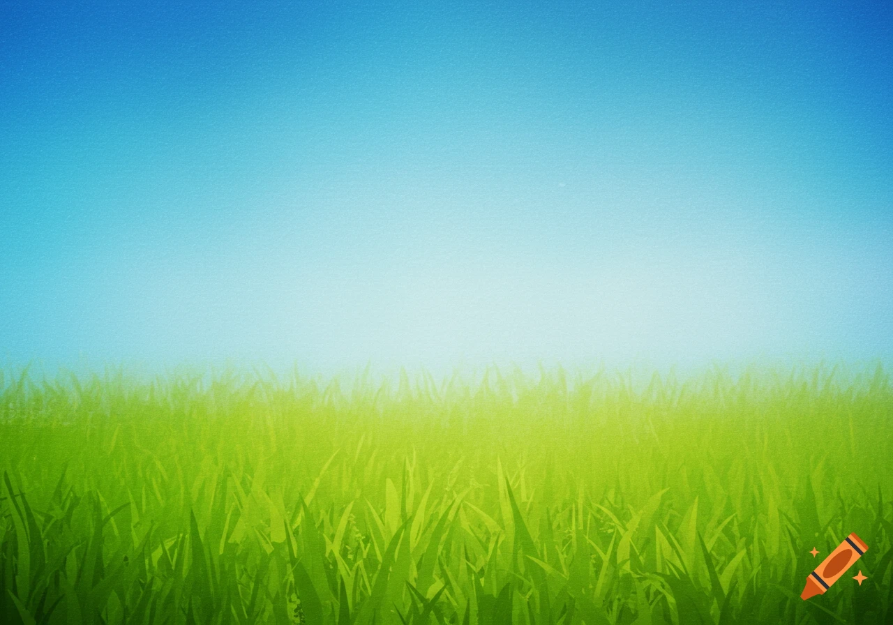 Green grass foreground and blue sky background.