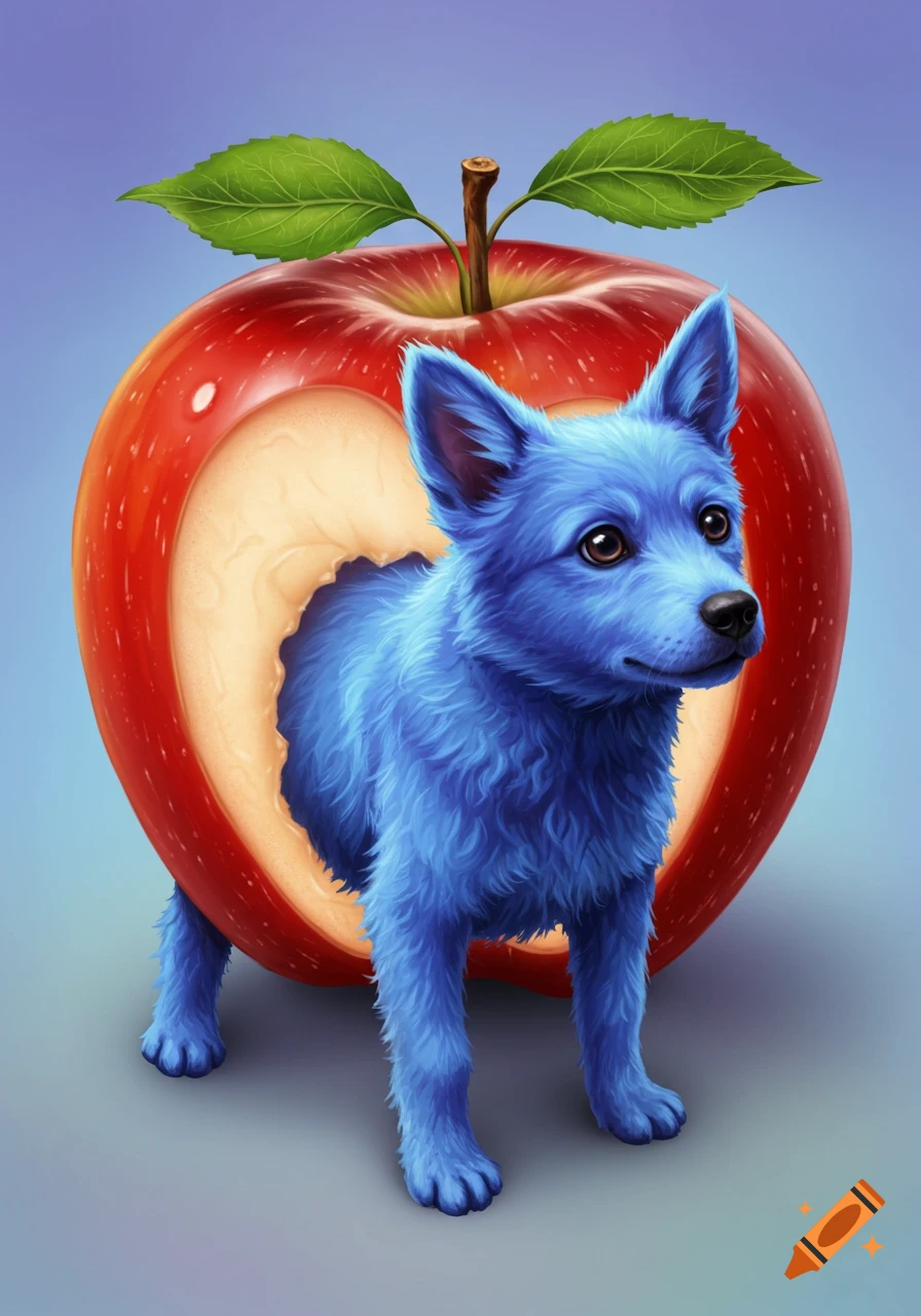Blue dog emerging from a heart-shaped hole in a red apple, illustration style.