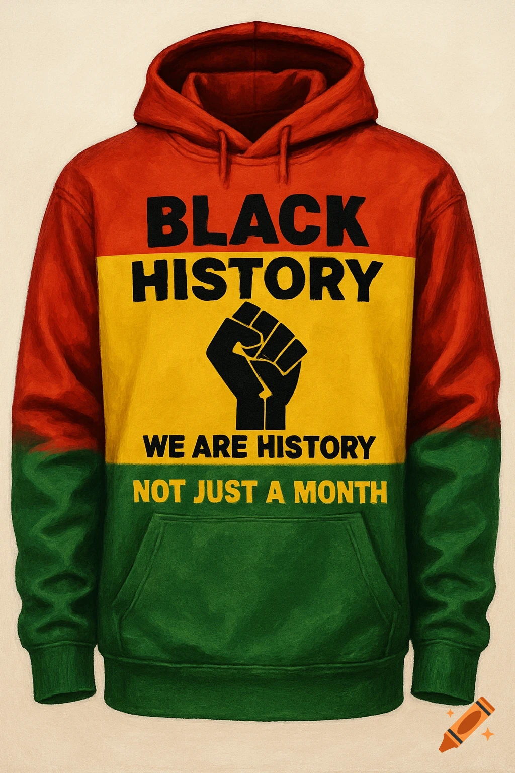 Hoodie with red, yellow, green stripes and text 'BLACK HISTORY WE ARE HISTORY NOT JUST A MONTH' and a black power fist.