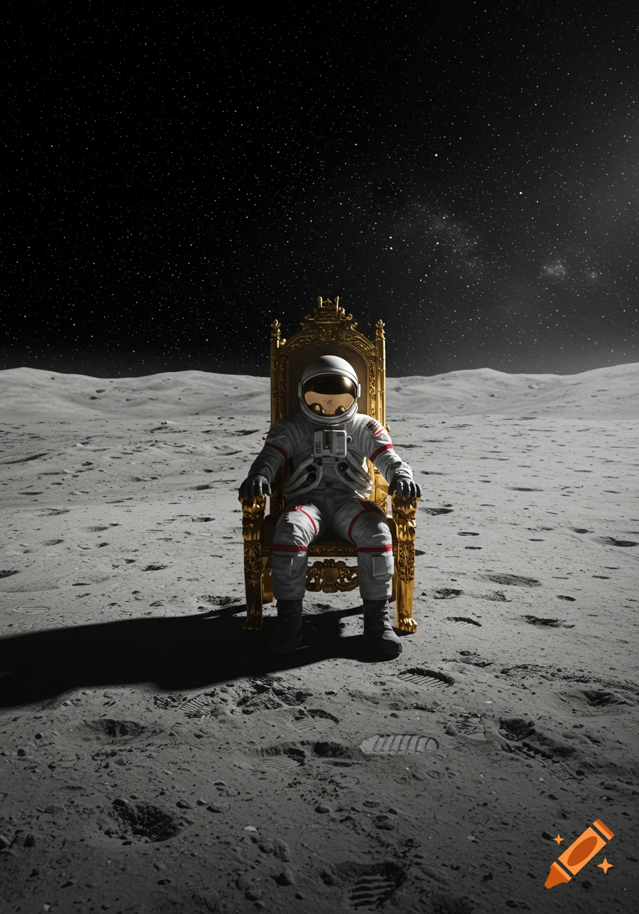 An astronaut sits on a golden throne on the surface of the moon under a starry sky.