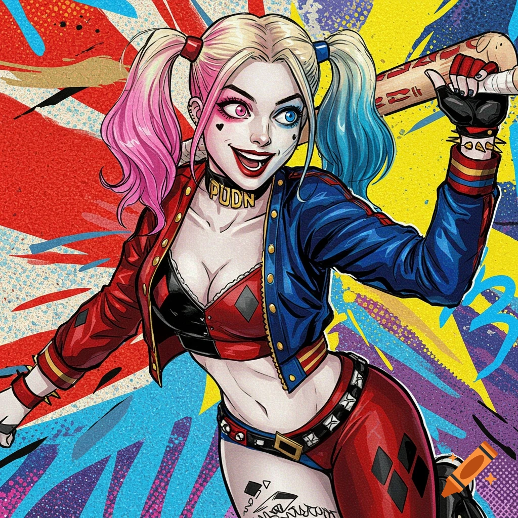 Drawing of Harley Quinn holding a baseball bat against a colorful graffiti background.
