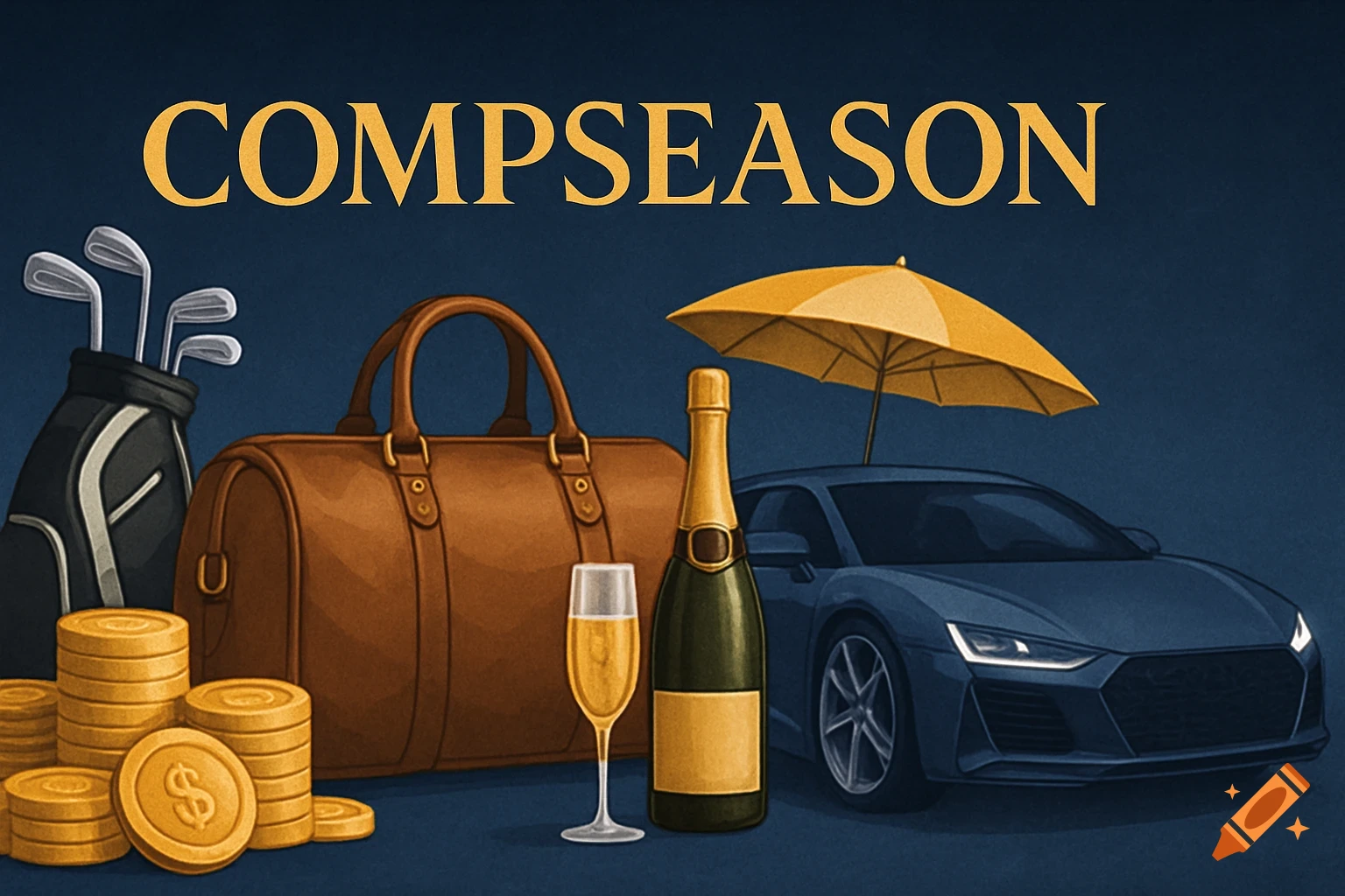 An illustration of luxury items including golf clubs, a travel bag, stacks of coins, champagne, and a sports car, with the text COMPSEASON above.