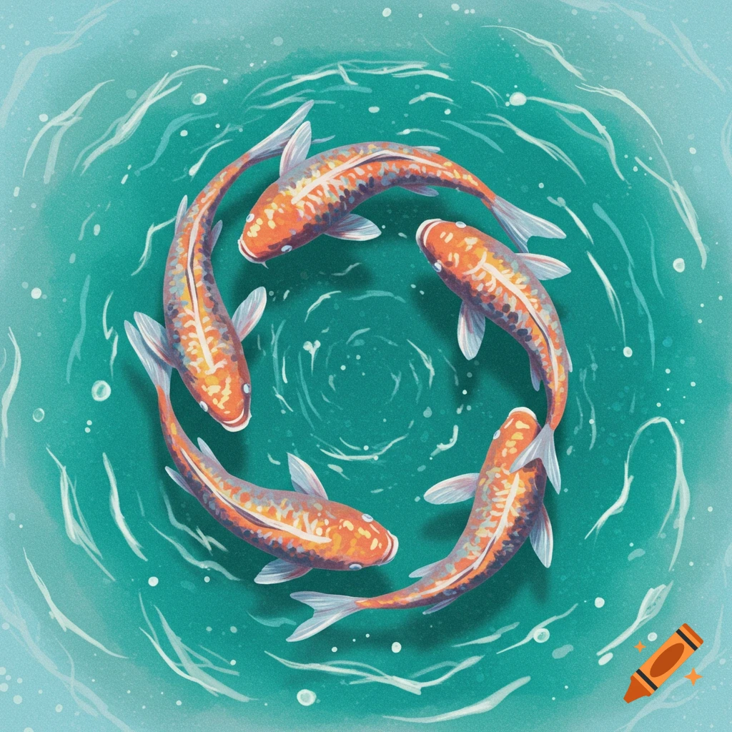 Illustrative image of four koi fish swimming in a circle in teal water.