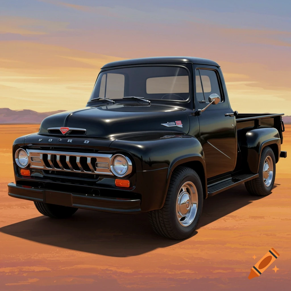 A black classic Ford pickup truck in a desert landscape.