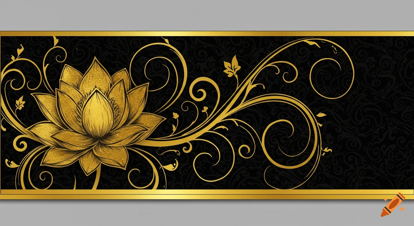 A golden lotus and swirling vines on a black patterned background within a gold banner.