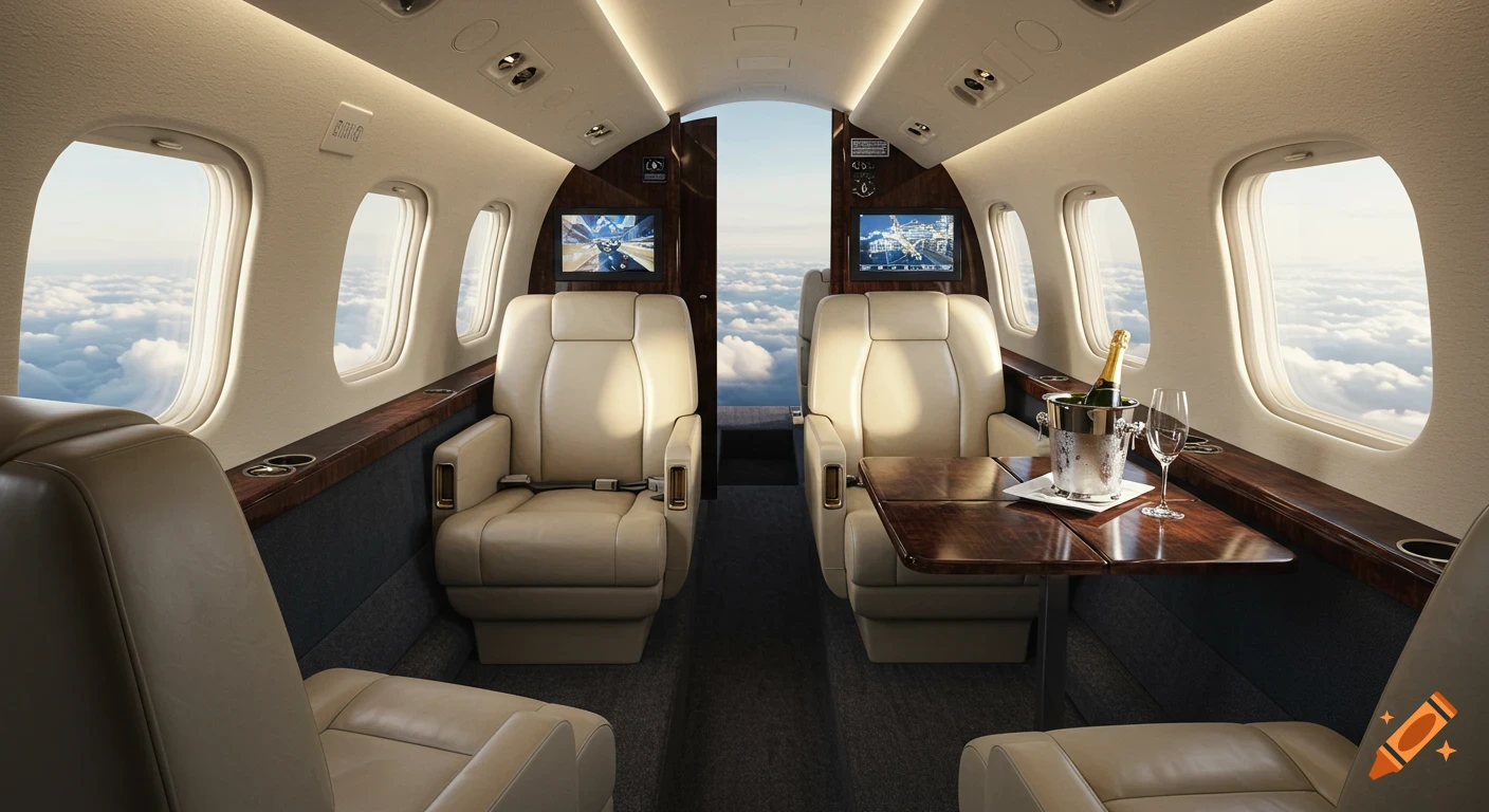Interior view of a private jet cabin with cream leather seats, a table with champagne, and monitors, flying above the clouds.