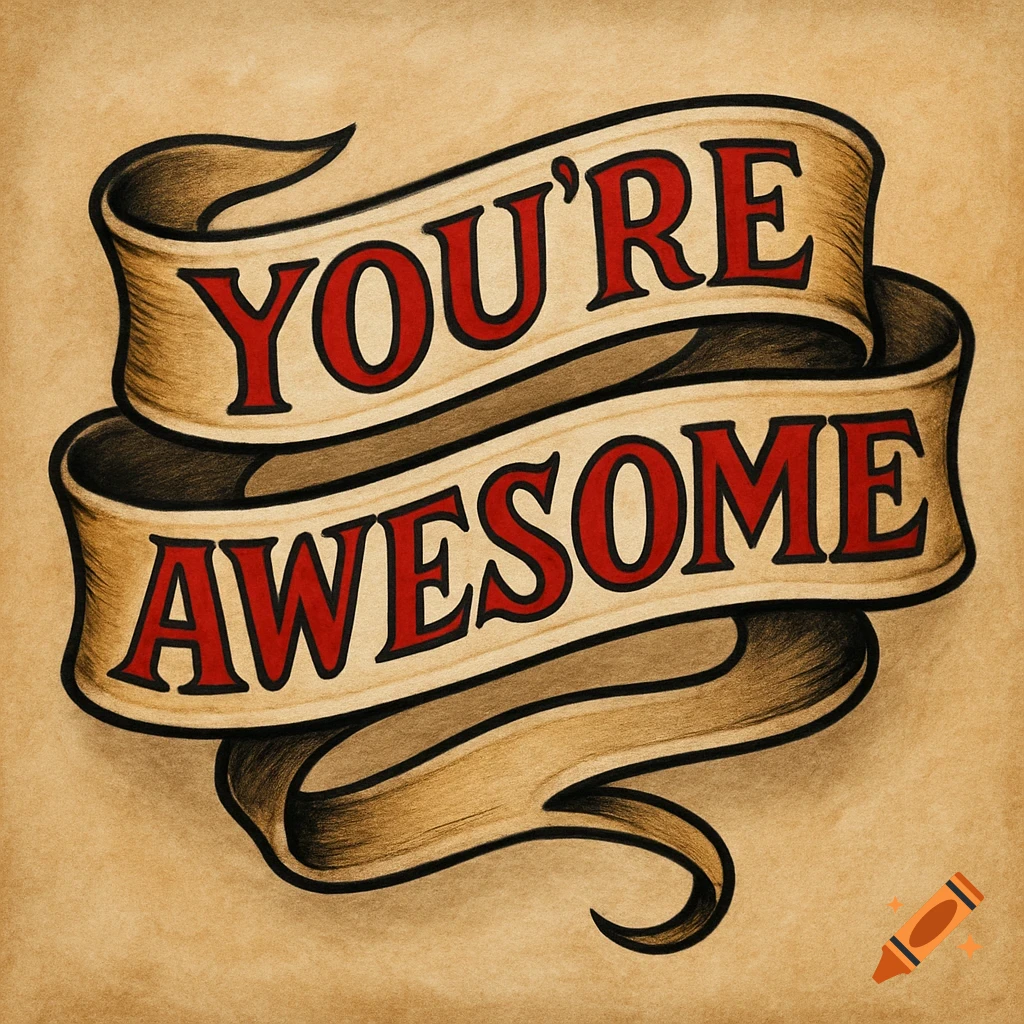 Tattoo-style banner with the words YOU'RE AWESOME in red letters.