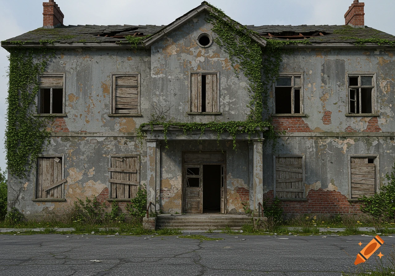 A weathered abandoned house with peeling paint, boarded windows, and ivy growing on the walls.