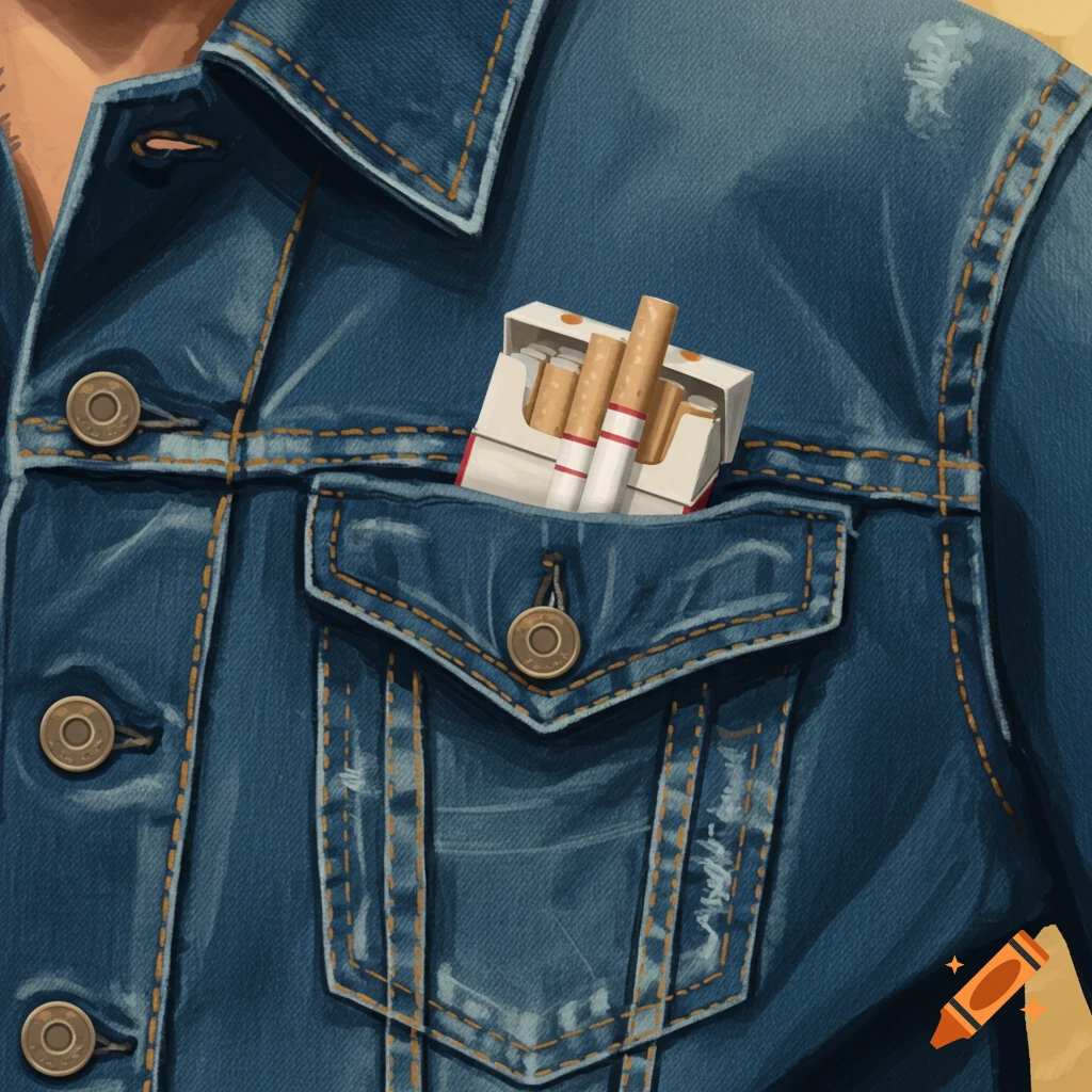 Close-up of a jean jacket pocket with a pack of cigarettes inside.