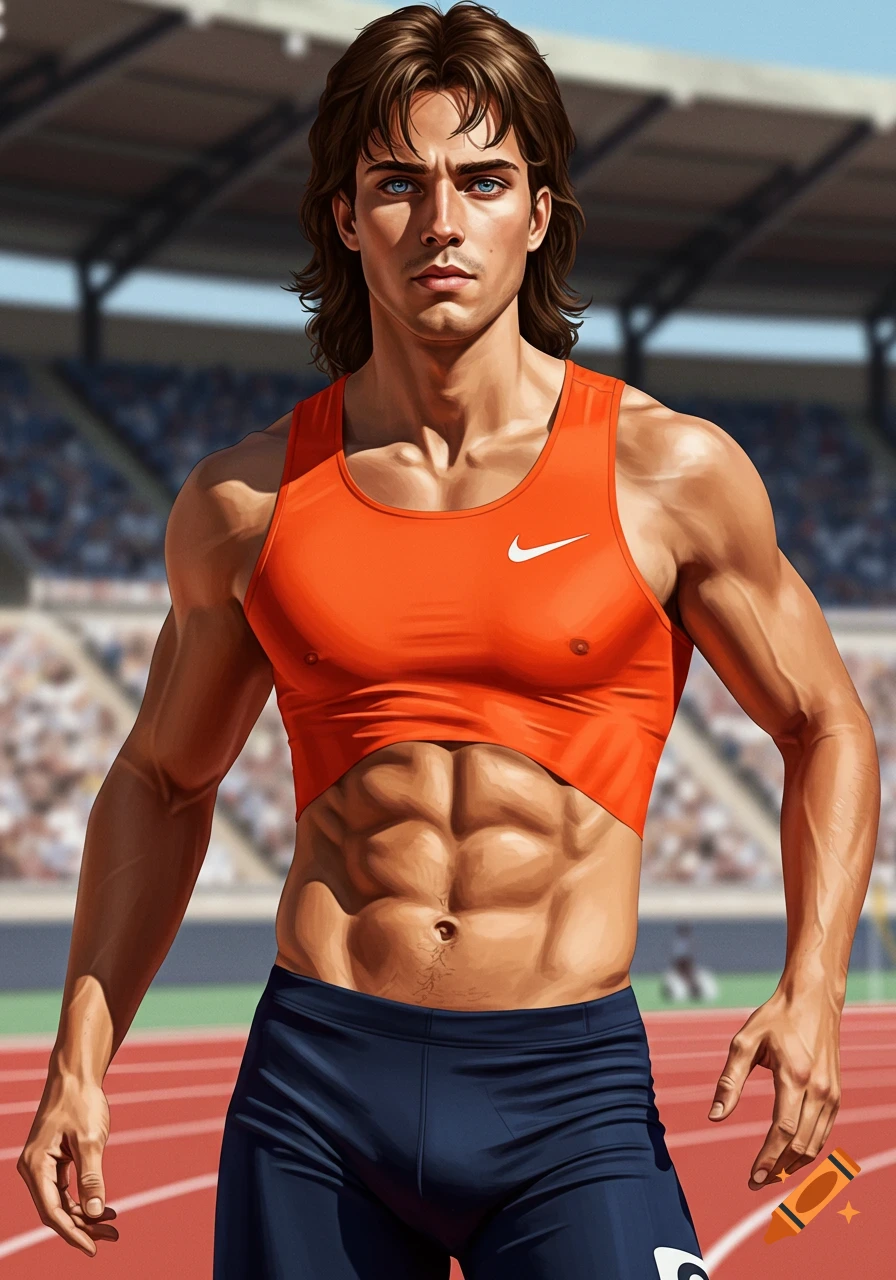 Muscular male track and field athlete on a running track