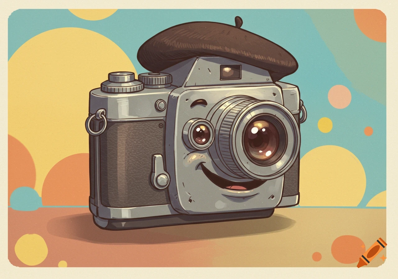Cartoon illustration of an anthropomorphic camera wearing a beret and smiling.