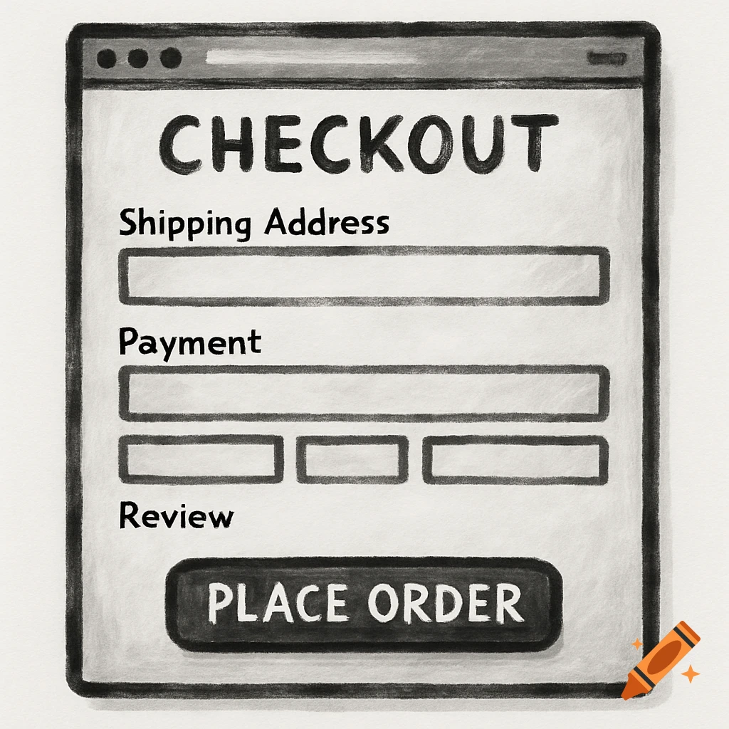 Sketch of an online checkout page with fields for shipping, payment, and review, and a 'Place Order' button.