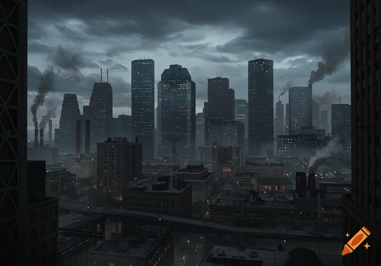 Grimdark cityscape with tall buildings and industrial smoke under a dark sky