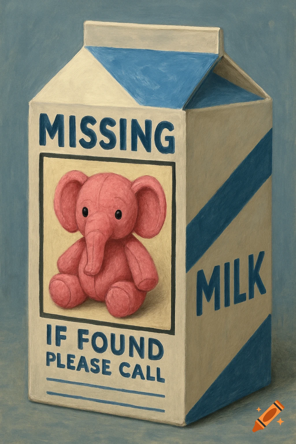 A textured painting of a milk carton designed as a missing poster for a pink stuffed elephant toy.