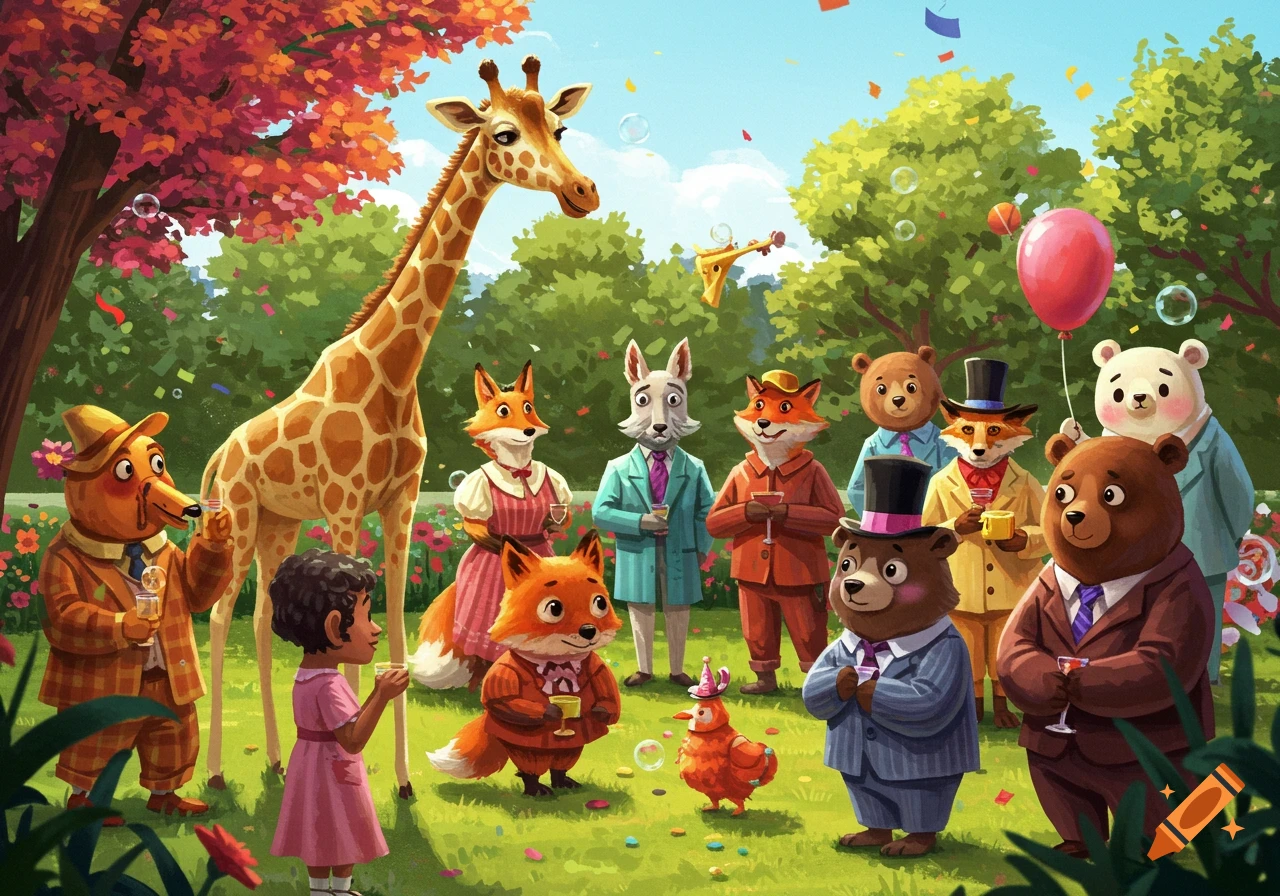 Illustrative scene of anthropomorphic animals and a child at a party in a park.